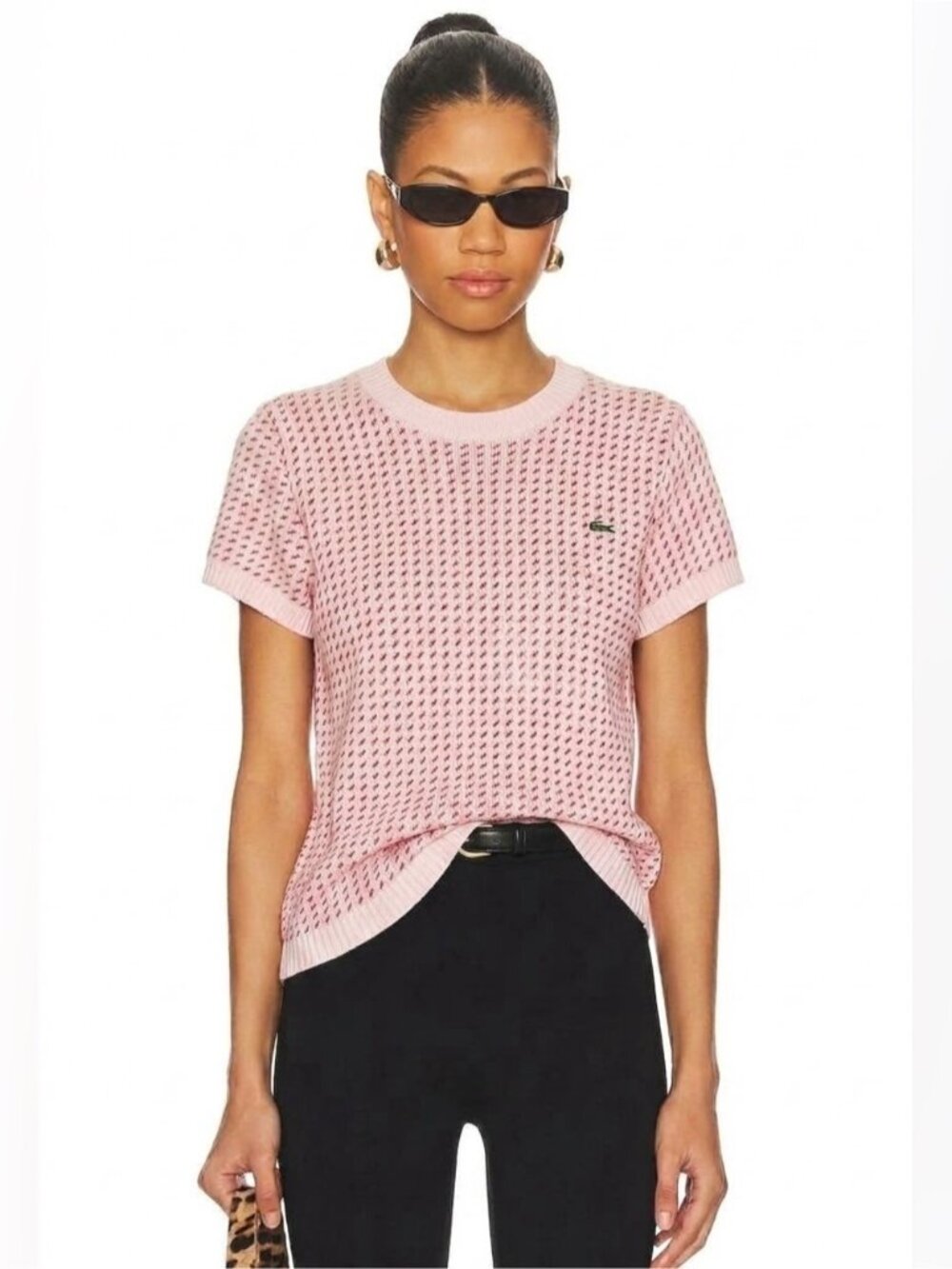 RARE Lacoste Pink ribbed Geometric Knit Top Short Sleeve Crewneck M relaxed chic